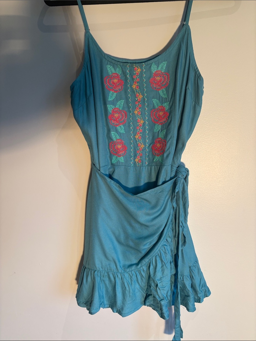 Teal Floral Embroidered Wrap Mini Dress